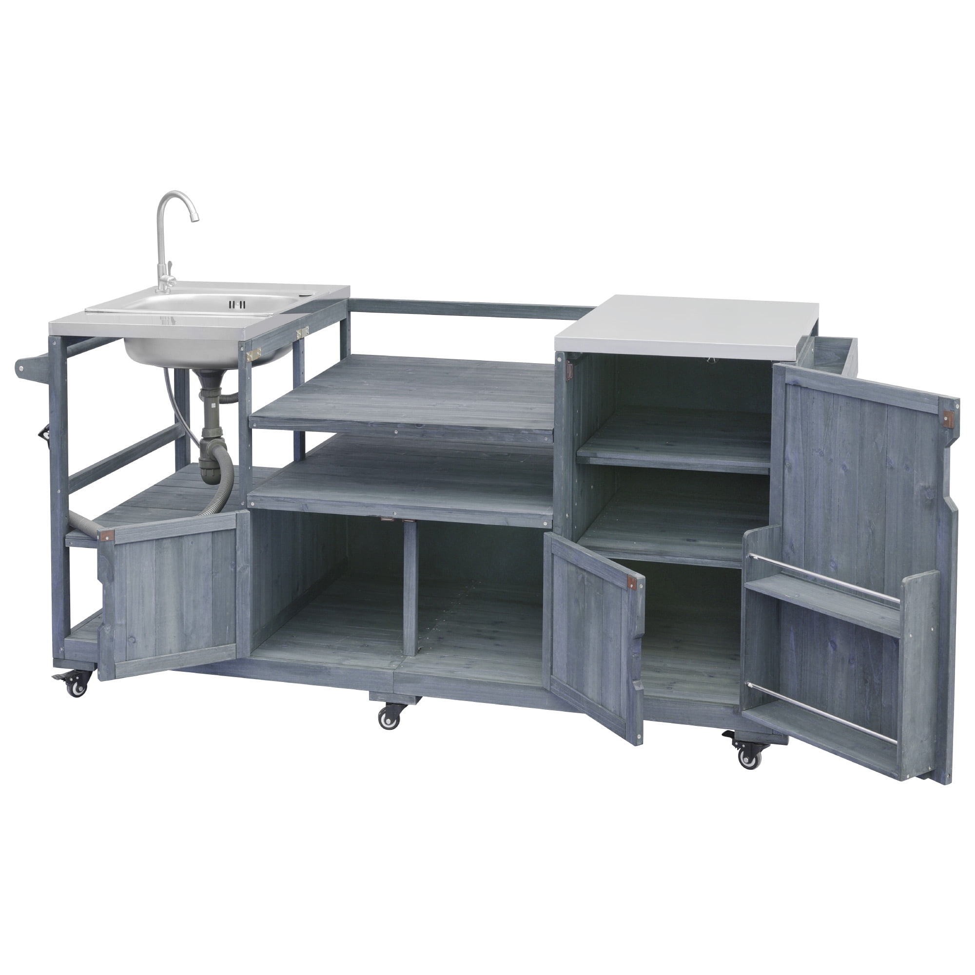 Euroco 75.4" Outdoor Kitchen Island with Sink, Solid Wood Outdoor Grill Cart for Big Green Egg Grills, Rolling Outdoor Bar Cart with Stainless Steel Top, for Pizza Prep & BBQ