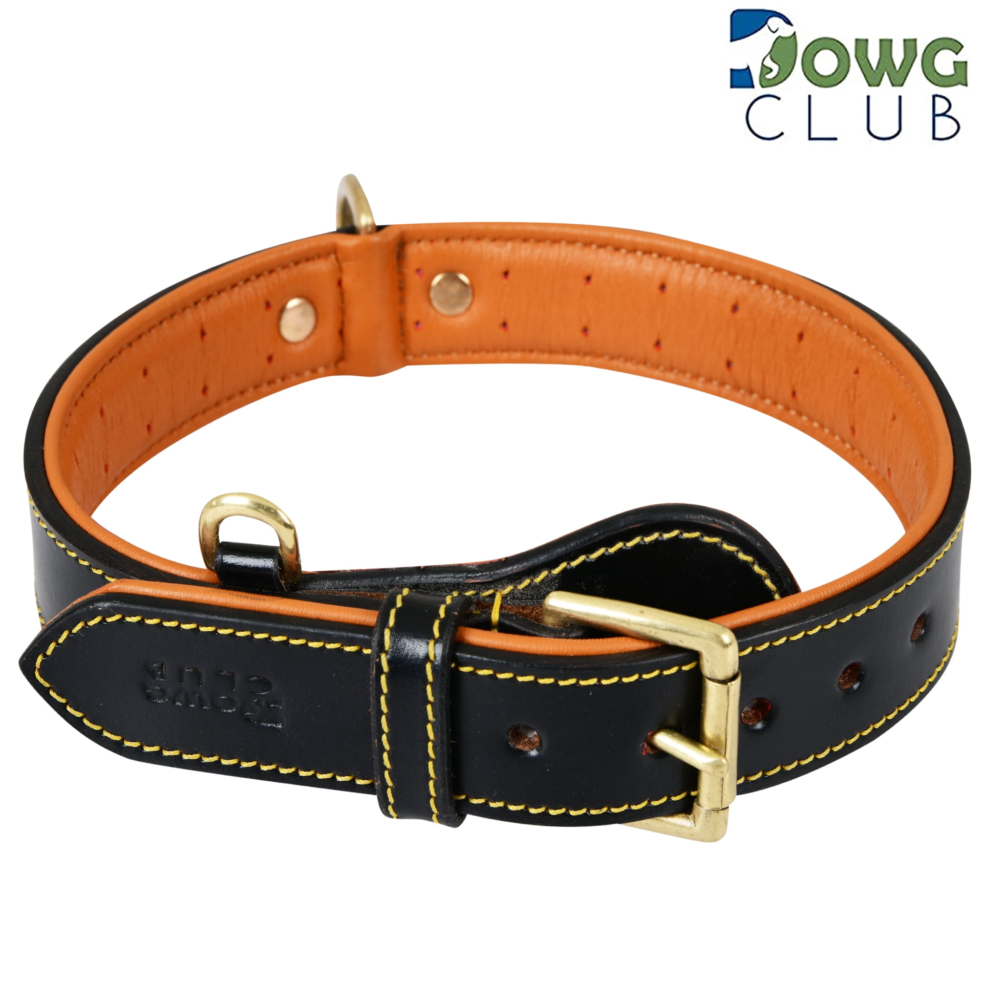 DowgClub Genuine Leather Dog Collar, Padded & Comfortable, Breathable Cushion, Heavy Duty, Handmade, Black (Extra Large)