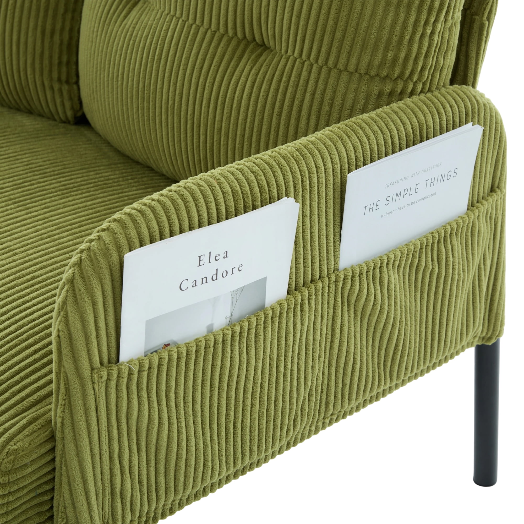 Loveseat, Small Sofa, Couch, Oversized Corduroy 2-Seater Sofa with Side Storage Pockets and Sturdy Metal Legs for Apartment, Dorm or Living Room, Olive Green
