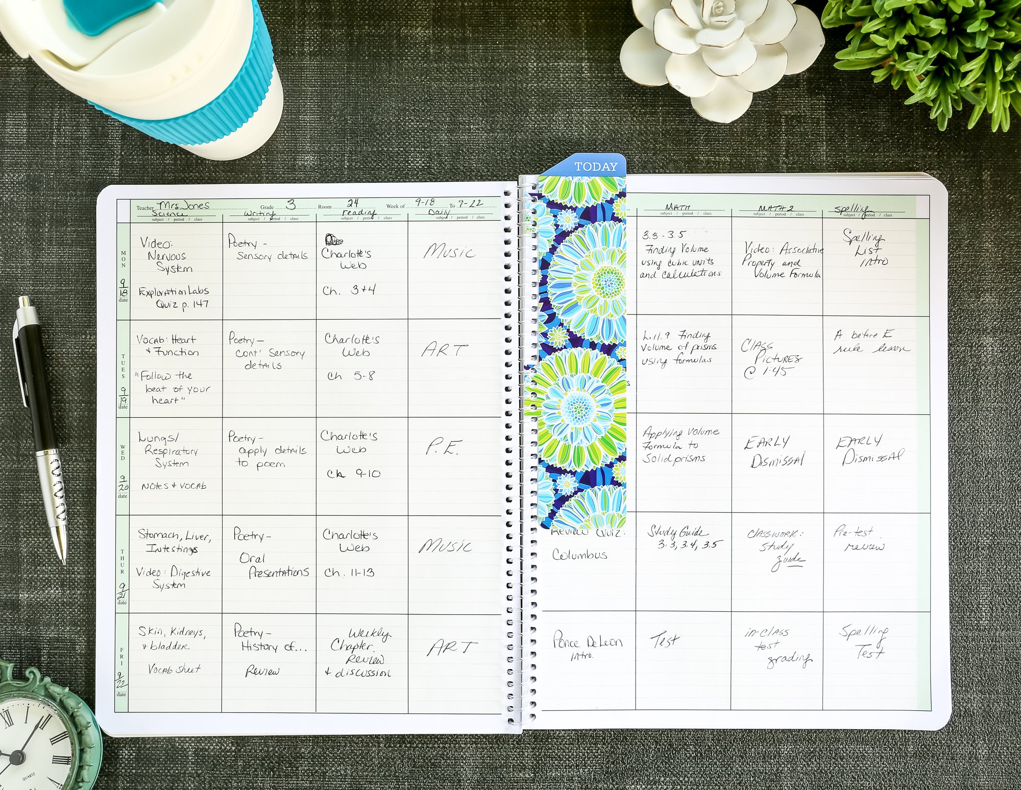 Elan Publishing Company Hardcover 8 Period Teacher Lesson Plan; Days Vertically Down the Side (W208) (+) Bonus Clip-in Bookmark (Green Blue Flowers) - W208FT -09