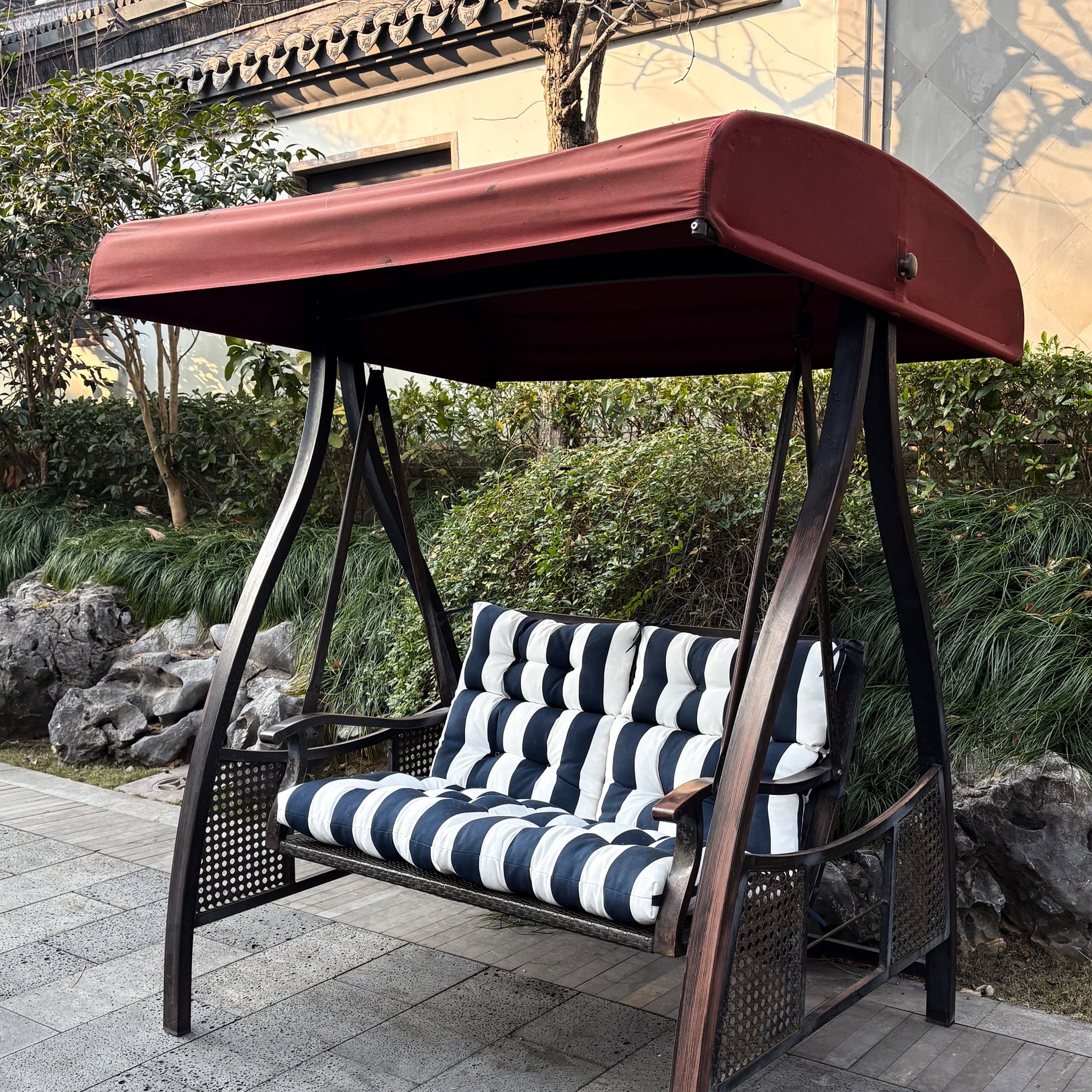 2 Pcs High Back Outdoor Chair Cushions, Waterproof & Fade-, 44''x22''x4'', Navy Blue/white, Stable Garden Cushions 2, Sun- Useful, 44x22x4 Inches, Practical Function
