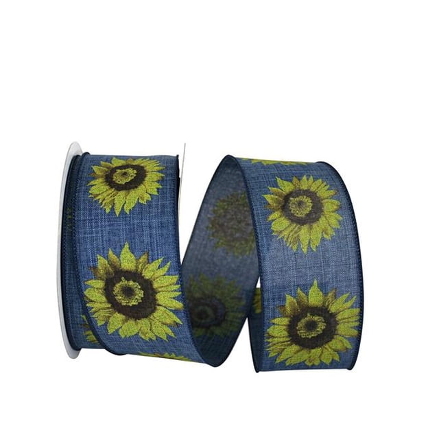 Reliant Ribbon 93255W-237-40H 20.5 in. 20 Yards Sunflower Linen Day Wired Edge Ribbon, Denim & Yellow
