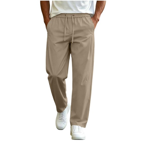TKKCS Mens Casual Straight Leg Pants- Daily Wear Loose Fit Lightweight Elastic Drawstring Waist Full Length Pants Khaki Size XL