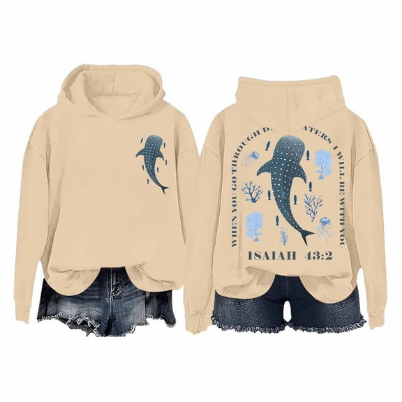 XIAONU Hoodies For Womens Whale Print Trendy Hooded Sweatshirt Oversized Baggy Long-Sleeve Pleasure Pullover Hoodie