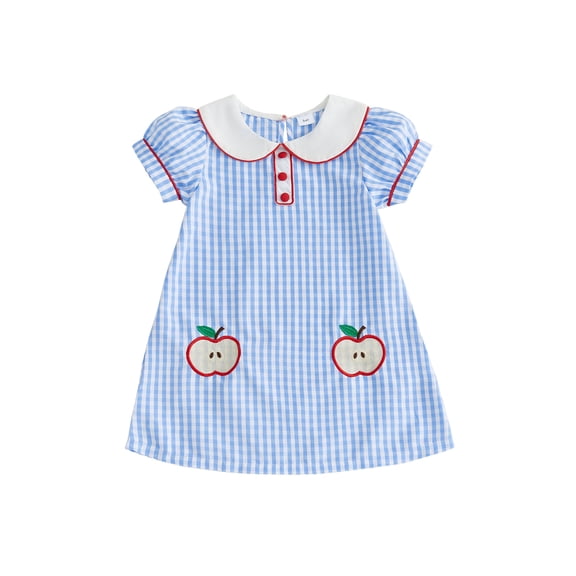 BemeyourBBs Toddler Baby Girl Back to School Dress Summer Kindergarten Outfits First Day of School Outfit 2 3 4 5 6 7 Years Apple Embroidery Doll Collar Short Sleeves Plaid A Line Dress
