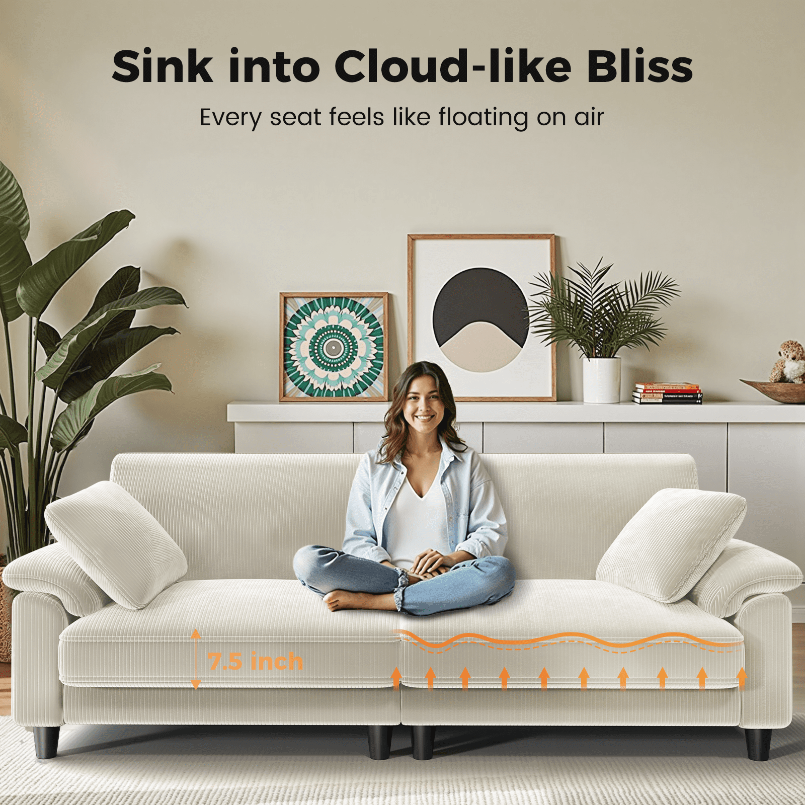 83" Corduroy Sofa,Loveseat Sofa with Extra Deep Seat Couches ,Comfy Upholstered Couch for Living Room,Tool-Free Setup with 2 Pillows,Beige