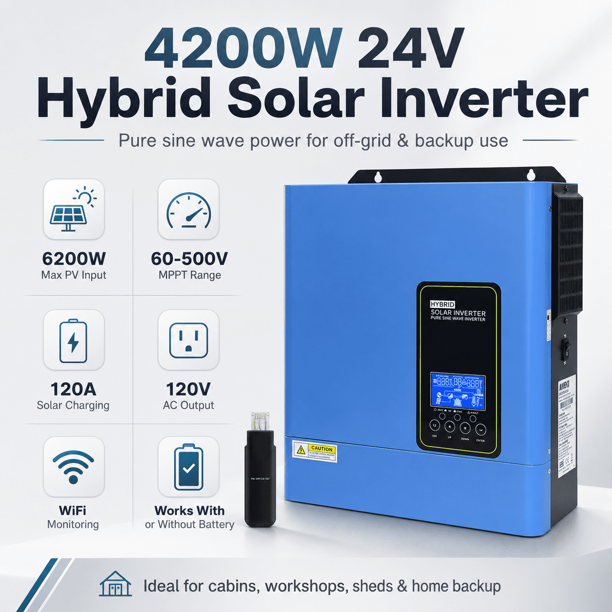 4200W 24V Hybrid Solar Inverter, 120V Pure Sine Wave Inverter Charger with 120A MPPT Solar Charger, Max 6200W PV Input, 500VDC PV, Off Grid Inverter for Home, RV, Cabin, Battery Backup