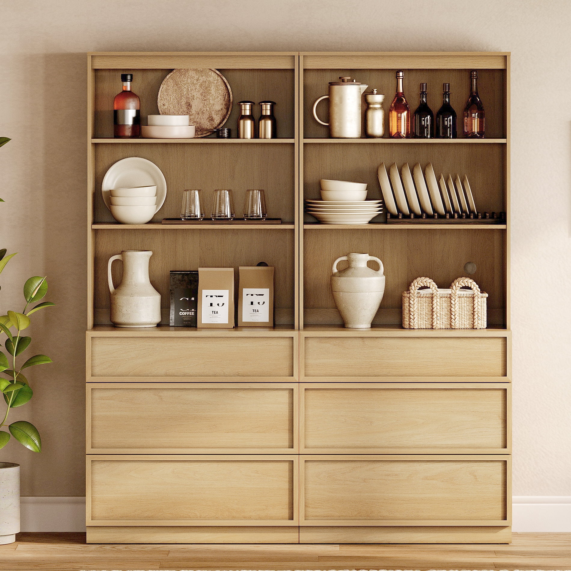 Modern 72" Tall 63" Wide Wood Sideboard Buffet with 6 Drawers & Open Shelves for Dining Kitchen,Oak