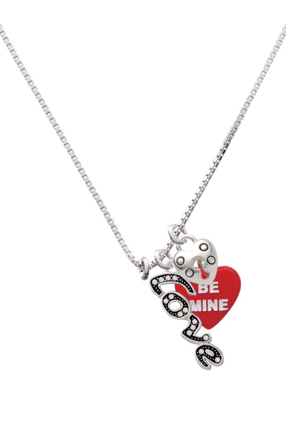 Acrylic Red "Be Mine / Kiss Me" Heart - Love and Lock Charm Necklace, 18"+1"