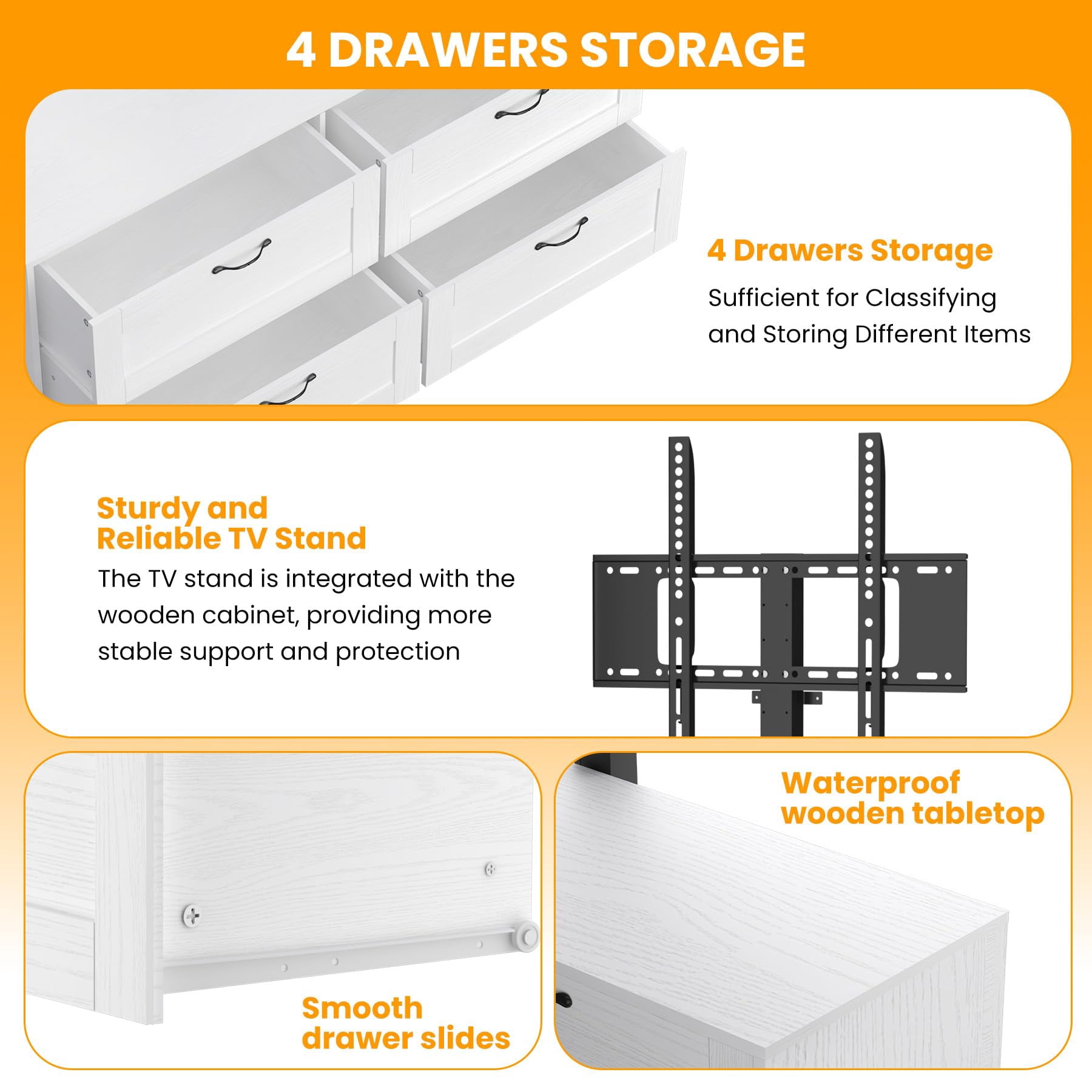 TV Stand with Mount & 4 Drawers, Wooden Entertainment Center for TVs Up to 80 Inch, Adjustable Media Console Table for Living Room Bedroom, White