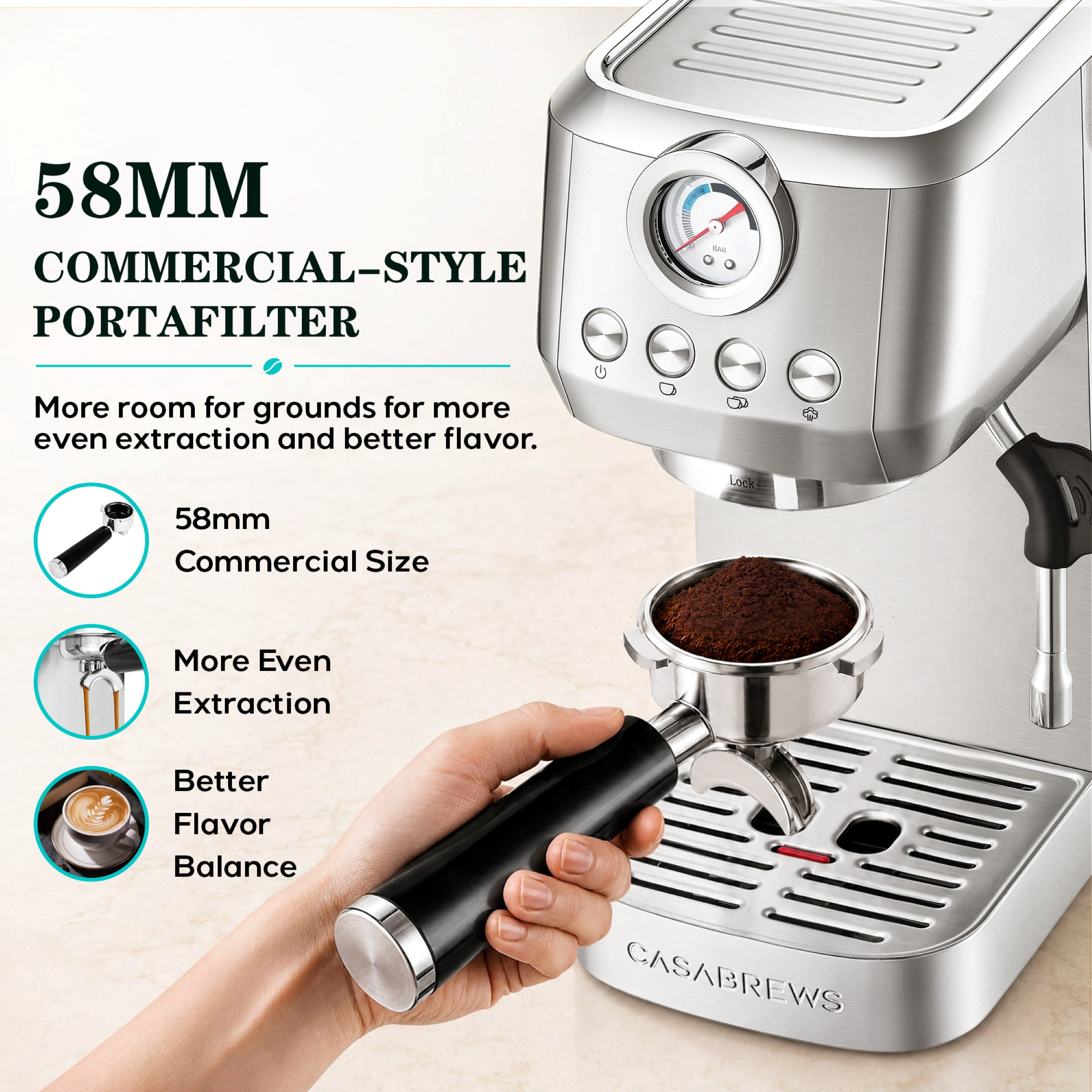 Casabrews 3700Gense Espresso Machine with 58mm Portafilter, PID Temperature Control, Pressure Gauge, 20-Bar Pump, Steam Wand & Stainless Steel Design