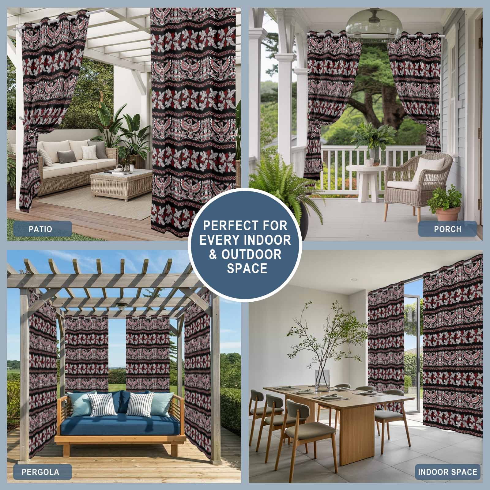 Ethnic Tribal Style Outdoor Curtains for Patio, Bird Geometric Boho Red Black Rustic Sunshade Privacy Drapes Grommet Waterproof Outside Curtains for Porch/Cabana/Balcony 54"x 108", 1 Panel