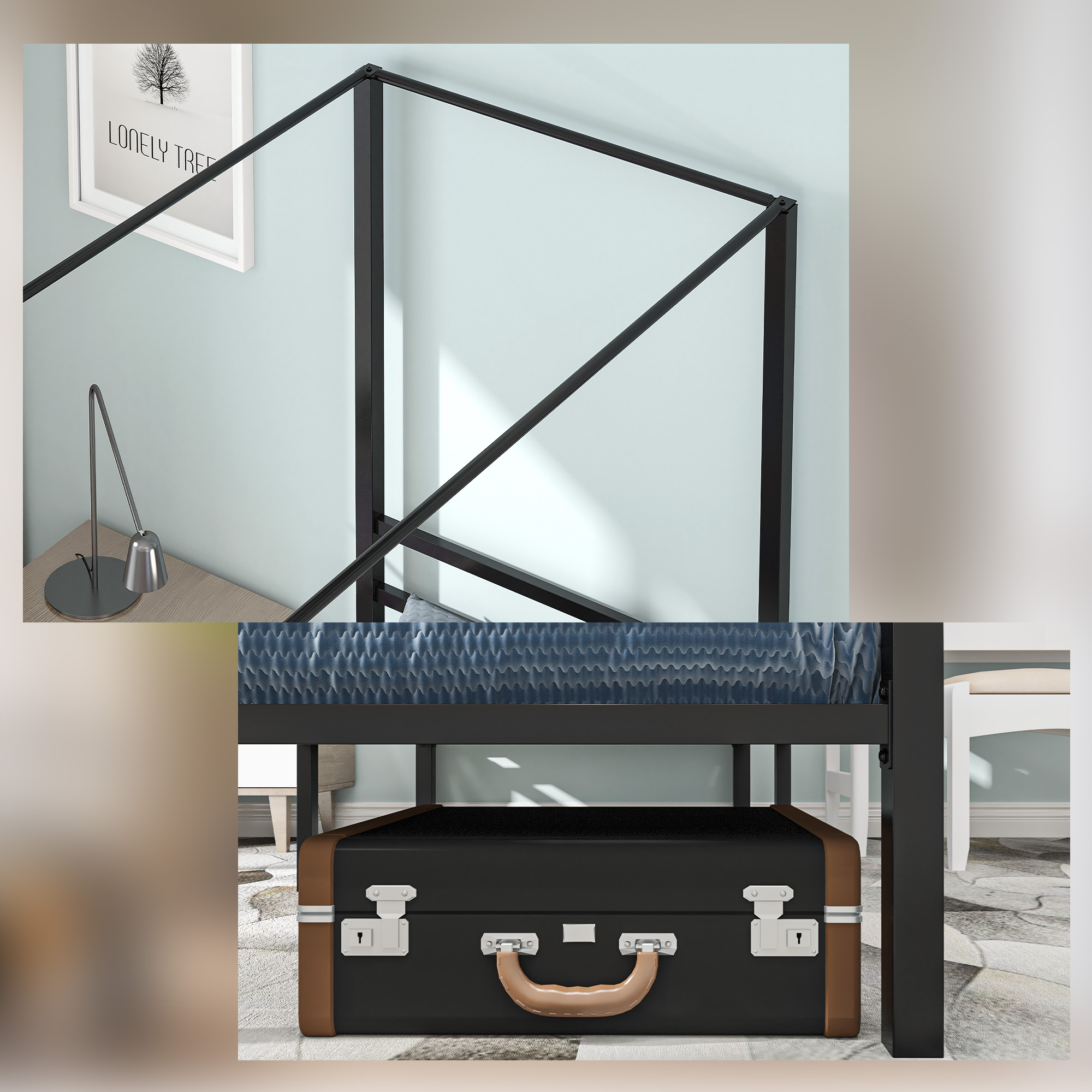 Dextrus Metal Canopy Bed Frame 14" Platform with Headboard Strong Metal Slat Support Mattress Foundation, No Box Spring Needed, Black, Twin Size