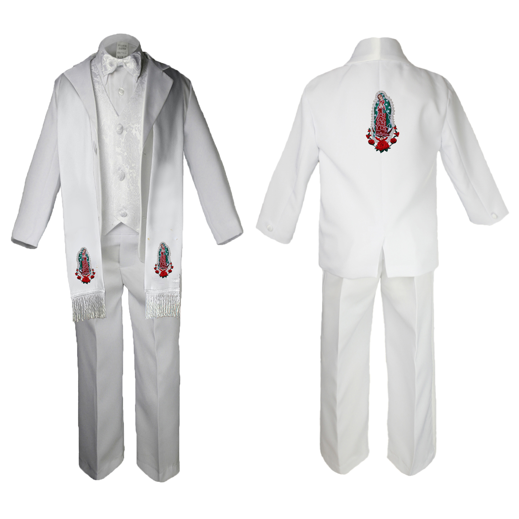 New Born Baby Boy Christening Baptism Formal White Paisley Suit Silver Mary on Stole & Back SM-20