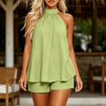 thumbnail image 4 of Karymi Two Piece Sets for Women Solid 2 Piece Vacation Outfit Set, Halter Neck Sleeveless Loose Flowy Tank Top, Elastic High Waist Relaxed Fit Shorts Workout Tops for Women, 4 of 6