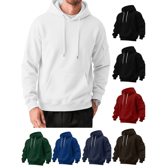 Mens Hoodies Pullover Solid Color Drawstring Fall Winter Hooded Sweatshirts Multifunctional Tops with Pockets and Arm Pockets