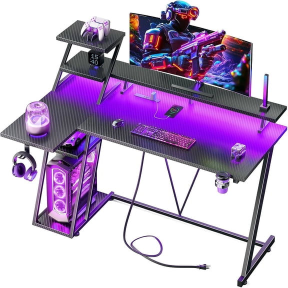 40 Inch L Shaped Gaming Desk with RGB Lights, Power Outlets & Monitor Stand, Reversible Design with Storage Shelves