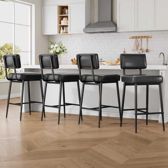 4-Piece Black Leather Backrest Counter Bar Stools