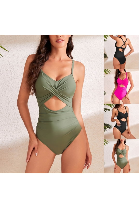 Women's Strappy Sports One-piece Modest Swimsuit Women's Tummy Tuck One-piece High Neck Swimsuit Full Cup Swimsuit on Clearance Army Green L