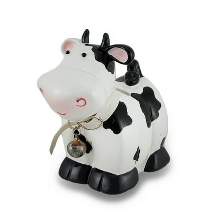 Ceramic Cow Bank - Black and White Cow with Bell Coin Bank