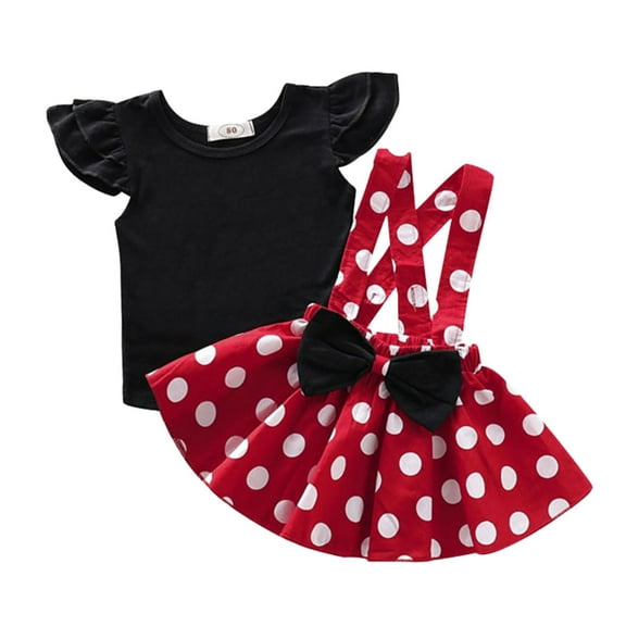CUZIBR Toddler Girls Fly Sleeve Ruffles Tops T Shirt Dot Prints Suspenders Skirts Outfits Soft Dailywear For Child