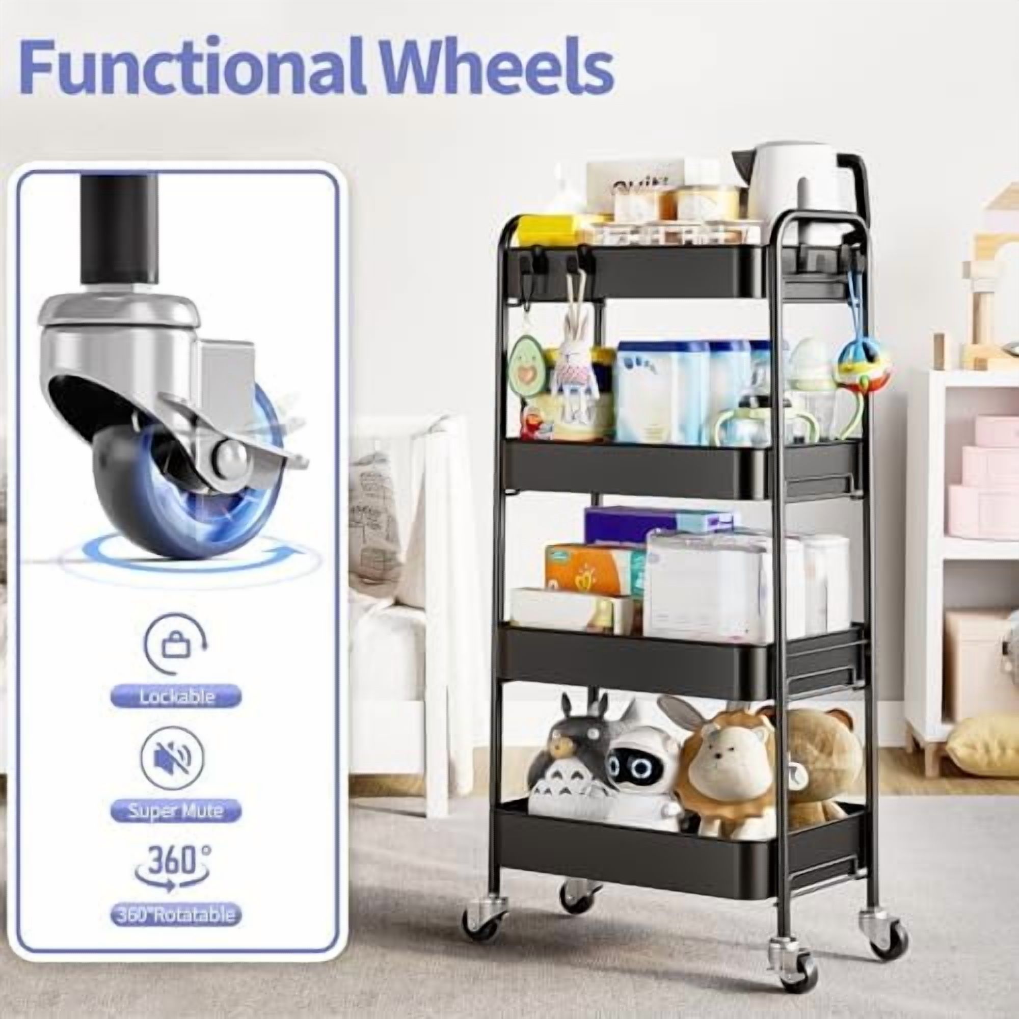4-Tier Metal Rolling Cart with Wheels, Storage Utility Organizer Cart for Kitchen, Bathroom, Office, Baby Essentials & Makeup - Lockable Casters, Easy Assembly, Large Capacity, Black