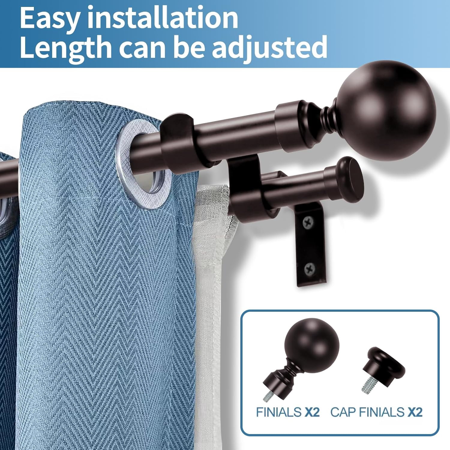 Urbanest Adjustable Double Curtain Rod Set Steel Ball Flat Button Finials – 1″ Front & 5/8 Back Rod With Bronze Rod, 84–120 Inches