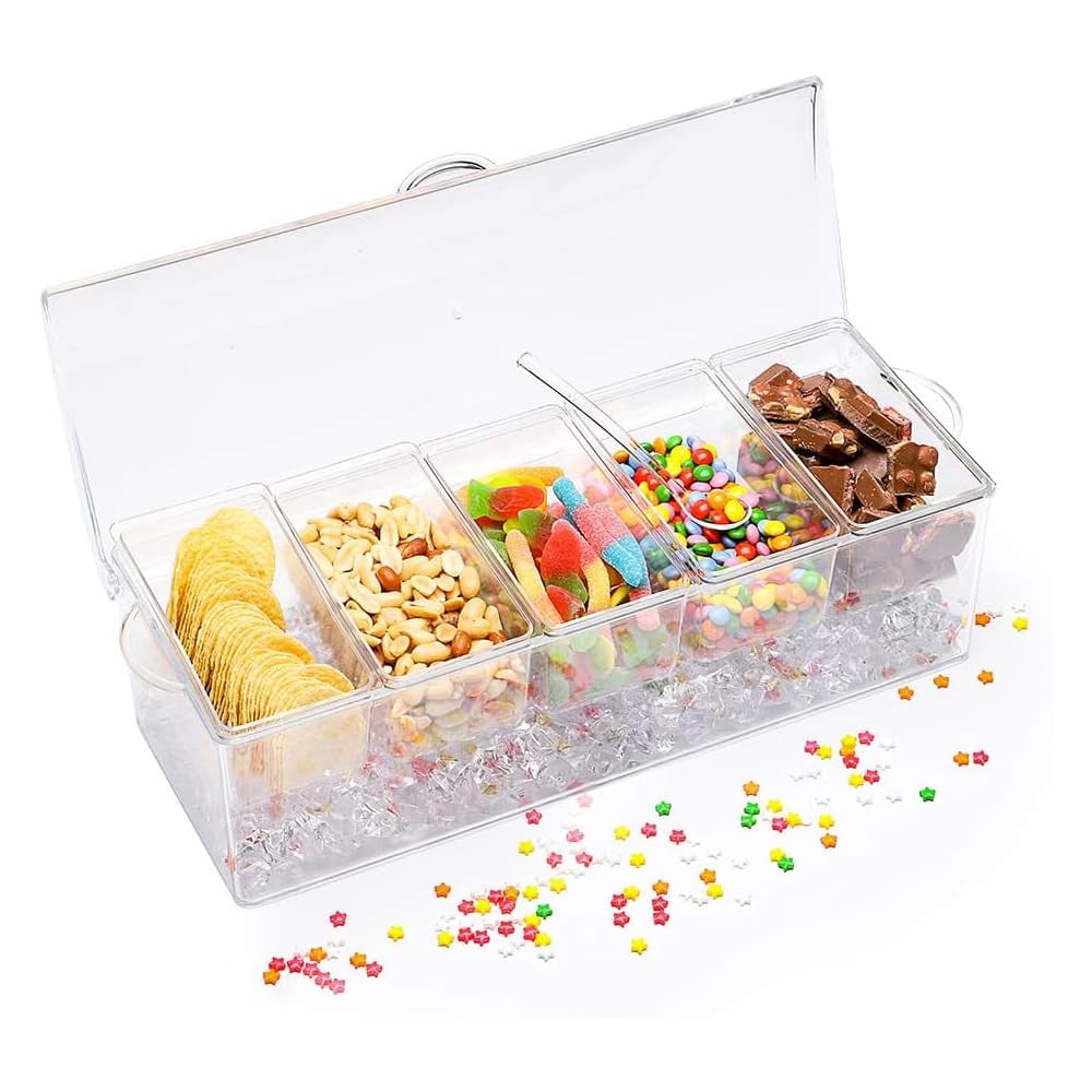 Condiment Server Tray with Lid, 5 Compartment Chilled Garnish Holder