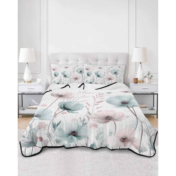 Quilts Queen Size, Teal Pink Spring Floral Soft Comforter Bedding Set for Bed, Summer Botanical Watercolor Lightweight Quilted Bedspread with Pillow Cover(2 Pieces) for All Season, 90x96 Inch