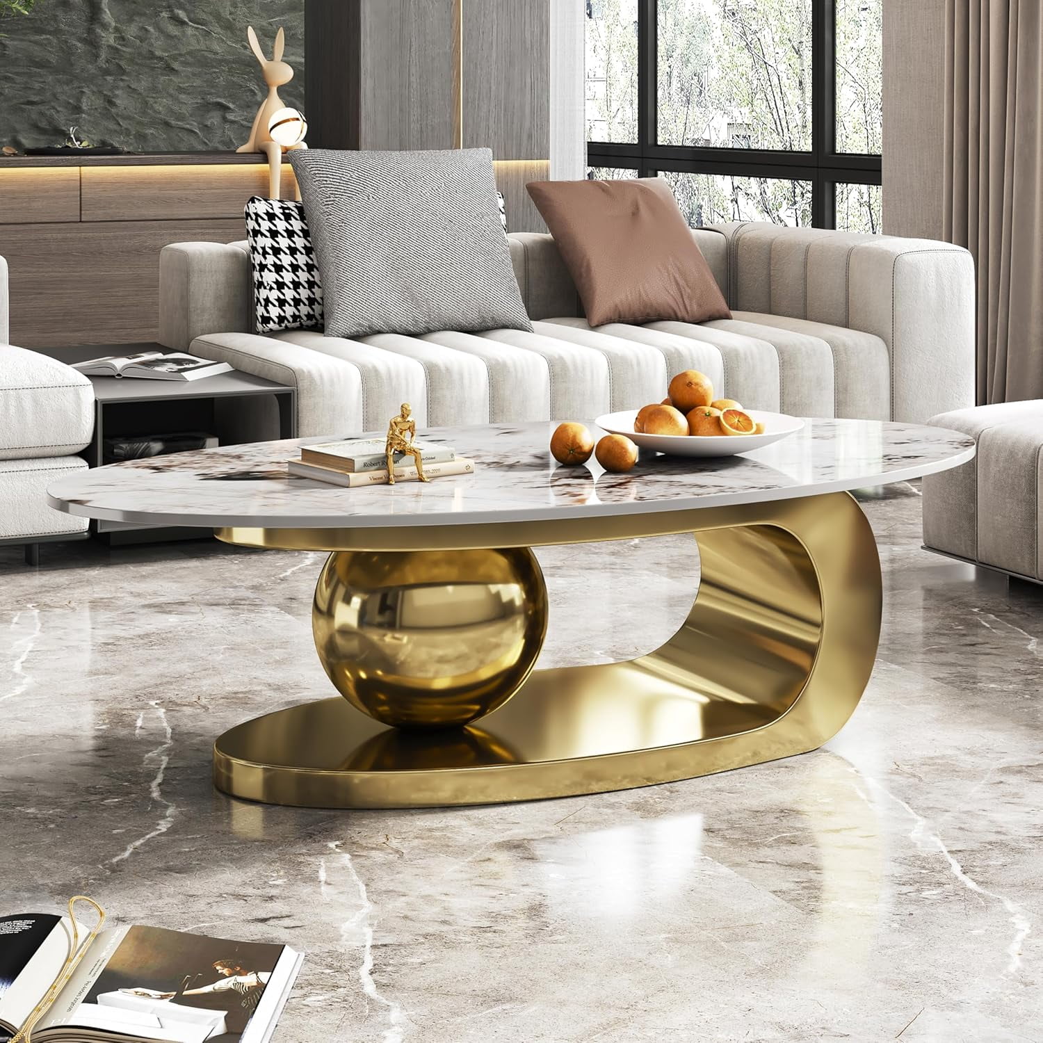 Tabaray Modern Oval Coffee Table Luxury Sintered Stone Top Coffee Table with Sculptural Geometric Stainless Steel Base,Mid-Century Marble Grain Center Table for Living Room,Gold