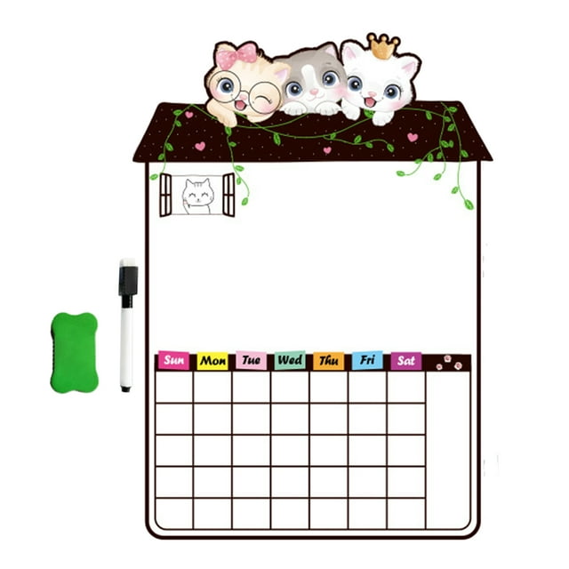 Réfrigérateur Tableau Blanc Magnétique Effaçable à Sec Doux PVC Magnétique Forte Adsorption Mignon Chat Chien Réfrigérateur Tableau de Notes avec Stylo et Gomme (le Chat Mignon)