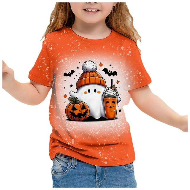 MIASHUI Mignon T-Shirt Décontracté Imprimé pour Filles pour les Célébrations de Halloween Manches Courtes Col Rond pour Usage Quotidien Blanc, 10-11 Ans