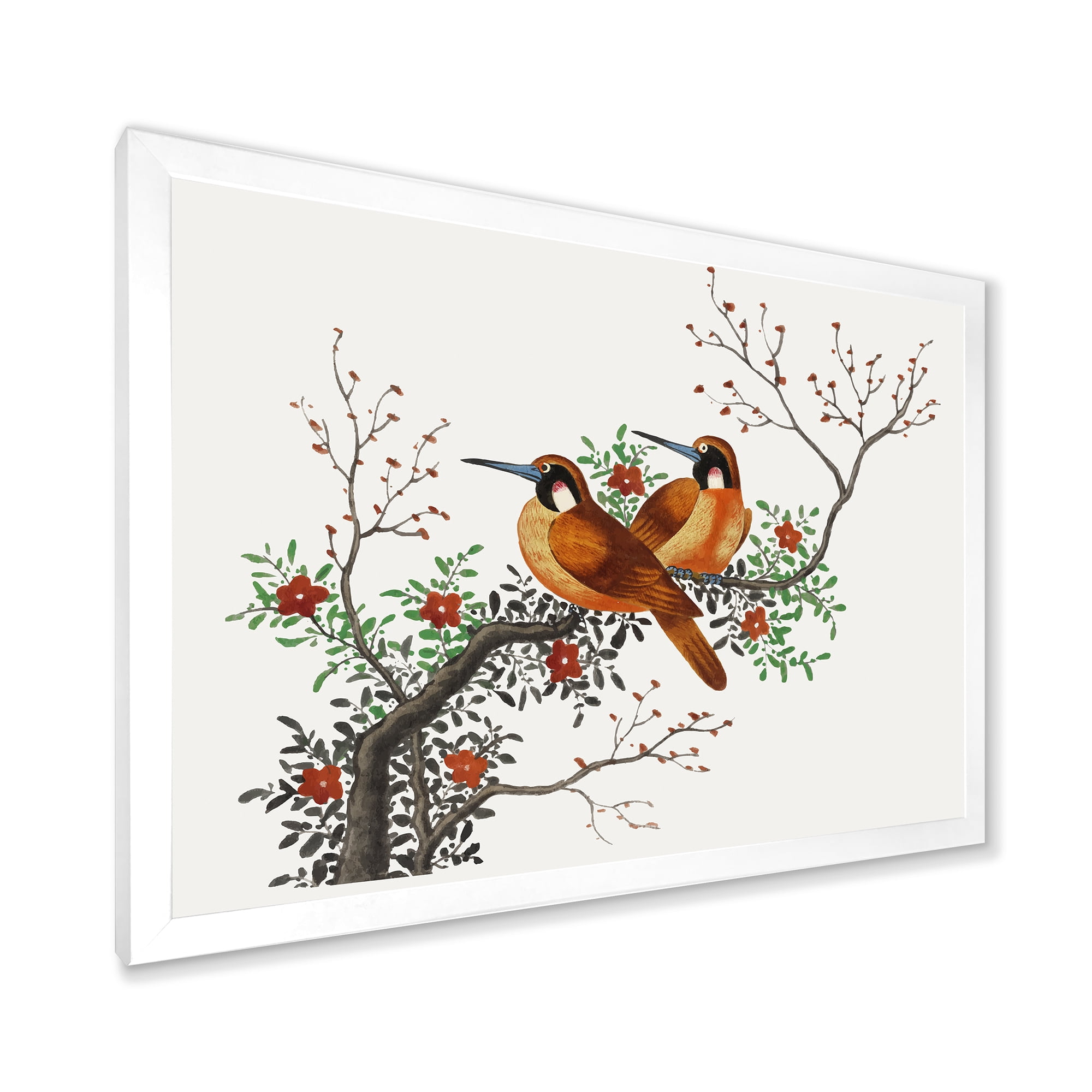 A Flowering Tree Branch With Two Chinese Birds 32 in x 16 in Framed Painting Canvas Art Print, by Designart