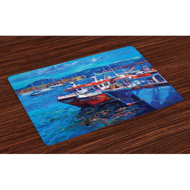 Country Placemats Set of 4 Sail Boats Ships on the Shore Harbor by the Sea Small Rural Fishing
