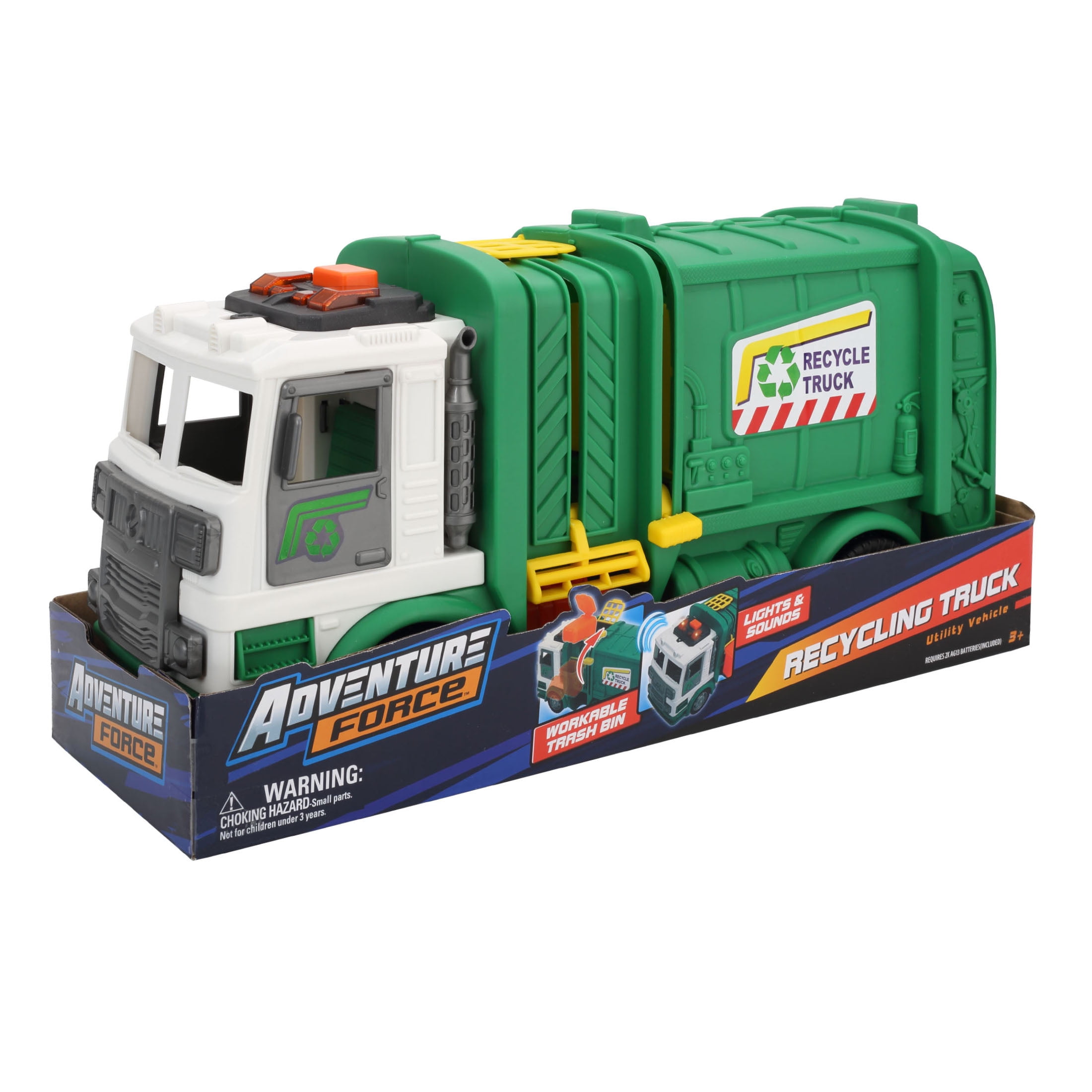 Adventure Force Utility Vehicle with Light & Sound - Recycle Truck: Realistic backup lights and recycle truck sounds; Liftable elevator and rubbish bin; Free-wheeling rollable vehicle