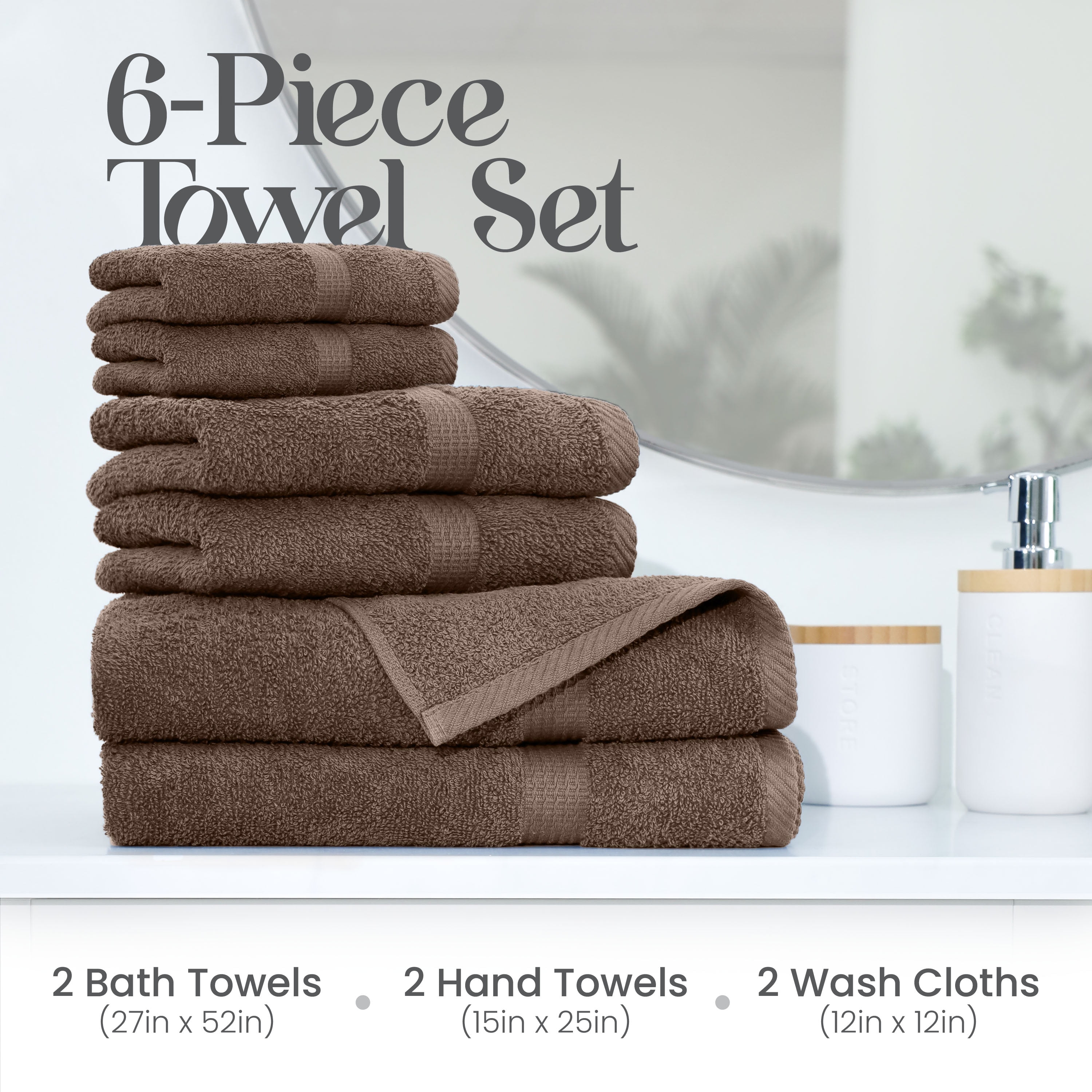 Utica 6-Piece Towel Set | 100% Cotton Soft & Absorbent Everyday Towels | Brown