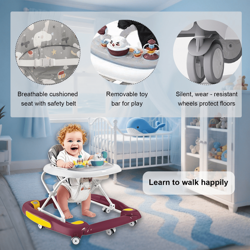 XunKA 6-in-1 Multifunctional Baby Walker, Foldable Push Walker with Musical Activity Station for 6-24 Months,Red.