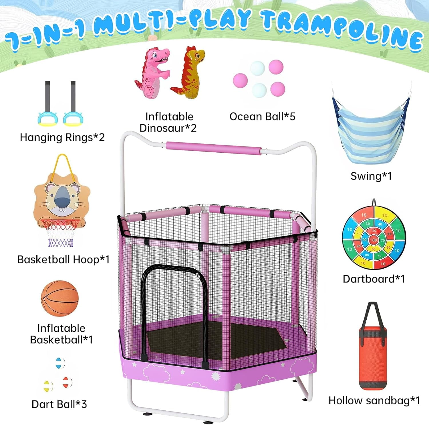 Baxluxe Toddler Trampoline for Kids Ages 3-8, 55in 7-in-1 Upgraded Pink Indoor Trampoline with Net ,500lbs Capacity Safe Trampoline, Mini Trampoline Boys Girls Toys Adjustable Height