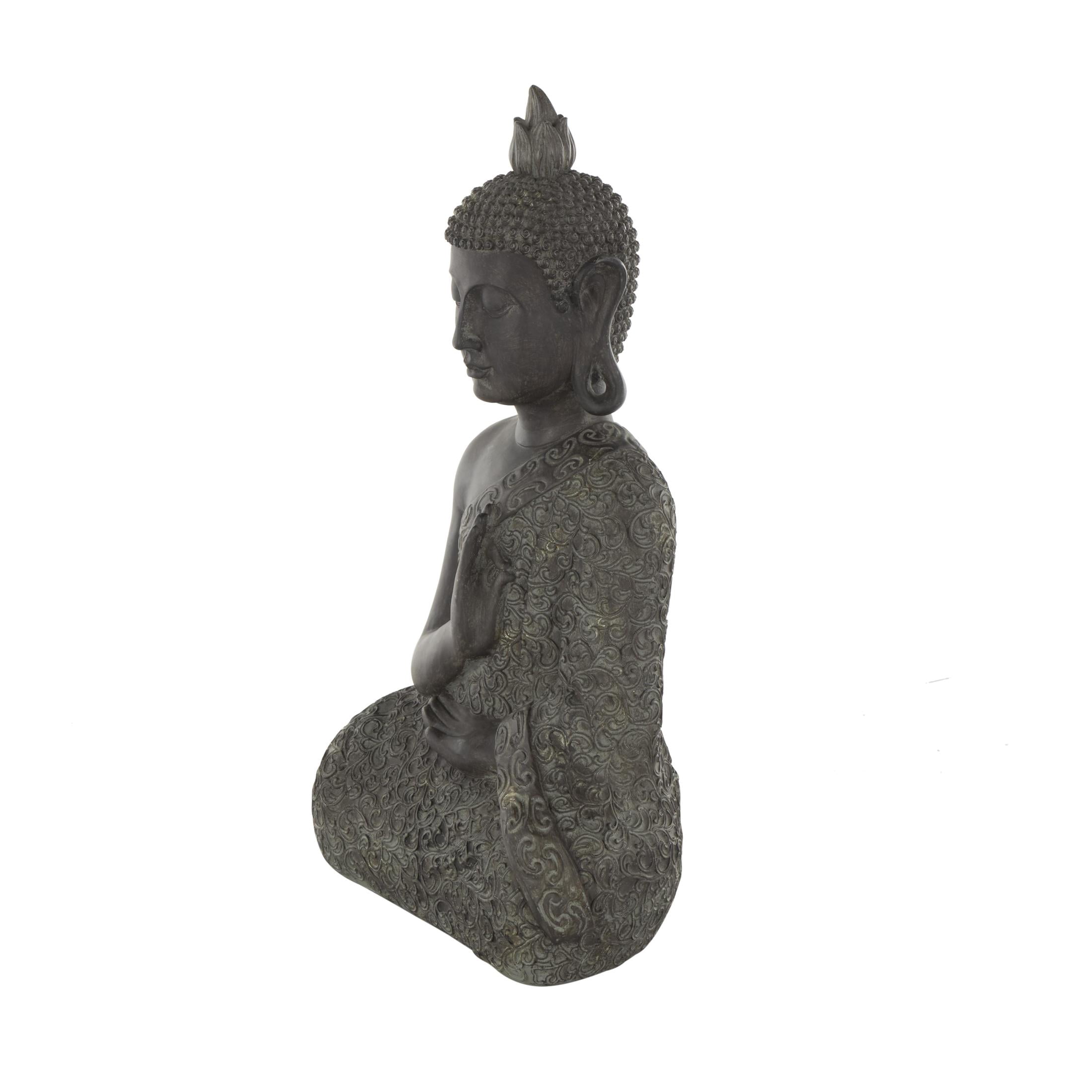 11" x 21" Brown Polystone Meditating Buddha Sculpture with Engraved Carvings and Relief Details, by DecMode
