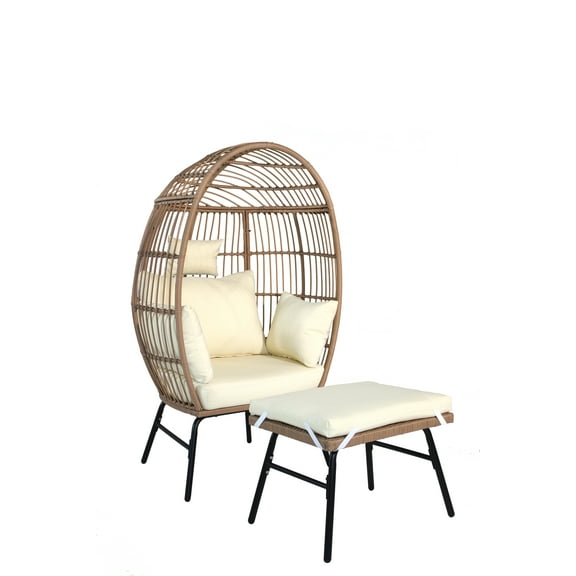 TEQIN Egg Chair with Footrest, Wicker Patio Lounger with Ottoman, Oversized Rattan Egg Shaped  Padded Cushion Chair for Indoor Outdoor Patio Balcony Garden