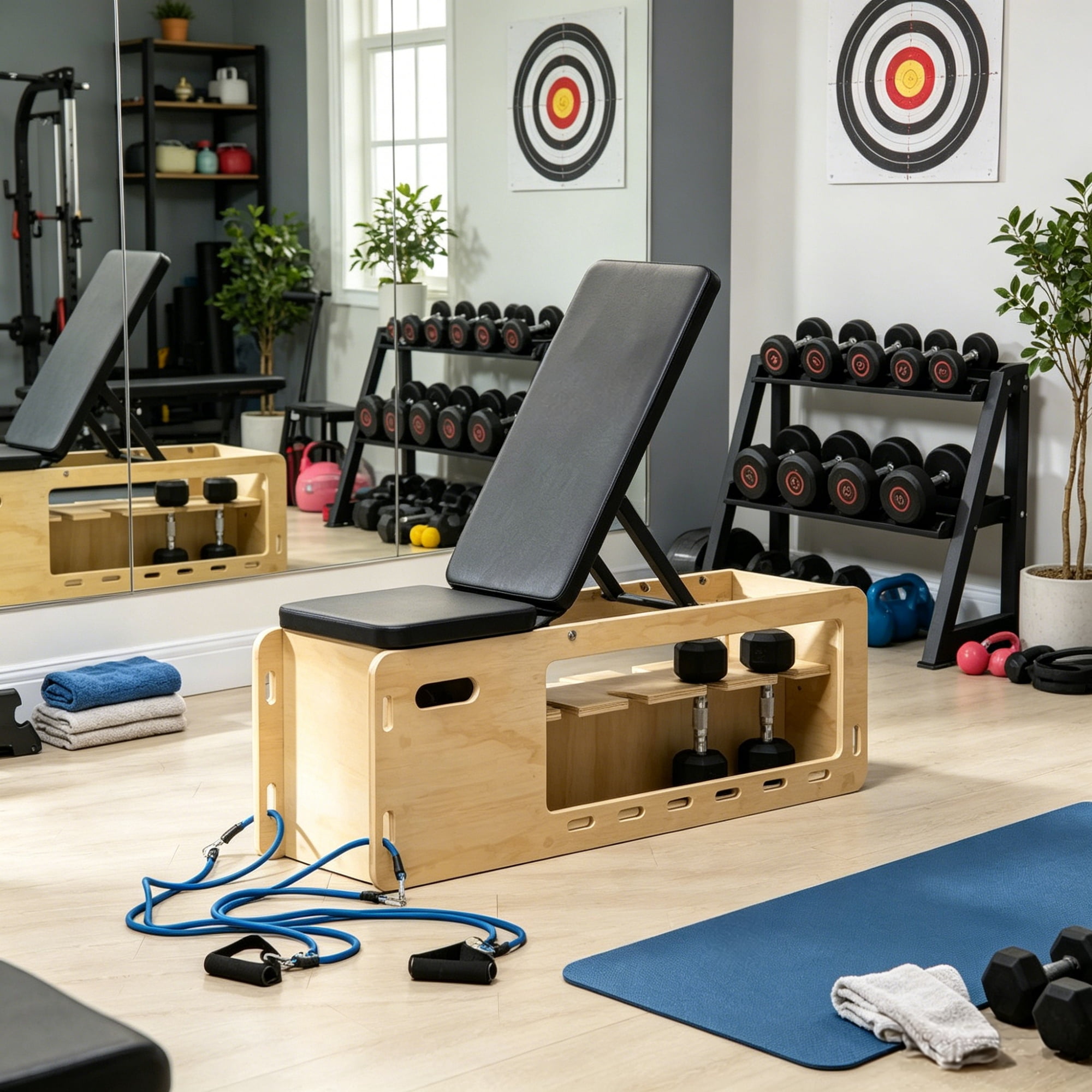 Home Gym Wooden Workout Bench, Adjustable Incline Weight Bench with Dumbbell Rack and Built-in Resistance Bands