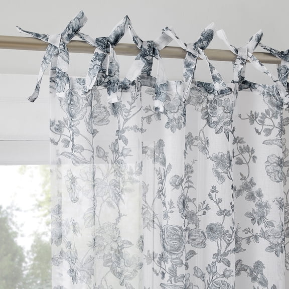 No. 918 Cillian 2-pack Floral Sheer Tied Bow Tab Top Curtain Panel Pair, Chambray, 50"W x 84"L (2 Panels)