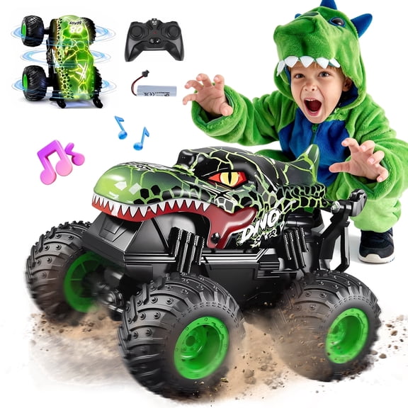 YCFUN RC Monster Truck Toys for Kids, 360° Stunt Remote Control Cars with LED and Music, Dinosaur Toy RC Car for Kids Boys Ages 3-12 (Green)