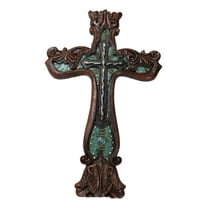 Rustic Faux Wood Carving Floral Scroll With Layered Barbed Wires Wall Cross