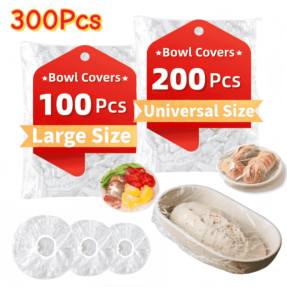 ChrumpTon 300Pcs Plastic Bowl Covers, Disposable Elastic Stretch Food Covers, Two Sizes, Fits Bowls up to 8" & 13", Food Storage, Bread Proofing, Kitchen and Outdoor Use