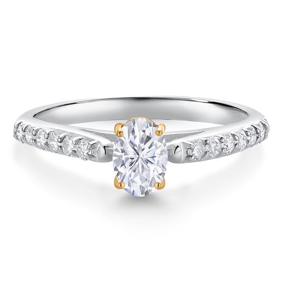 Gem Stone King 10K White and Yellow Gold White Moissanite and White Lab Grown Diamond Engagement Ring for Women (0.68 Cttw, Oval 6X4MM, Gemstone Birthstone, Size 7)