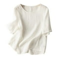 thumbnail image 2 of Aobny Women's Tshirt Plus Size Linen White T-Shirt Crew Neck Elbow-Length Women Tops Casual,M, 2 of 9