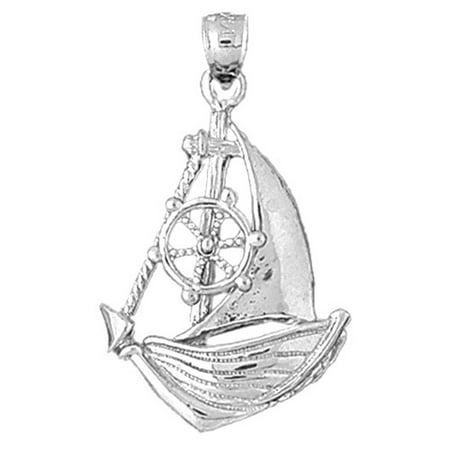 14K White Gold Sailboat With Ships Wheel Pendant - 34 mm