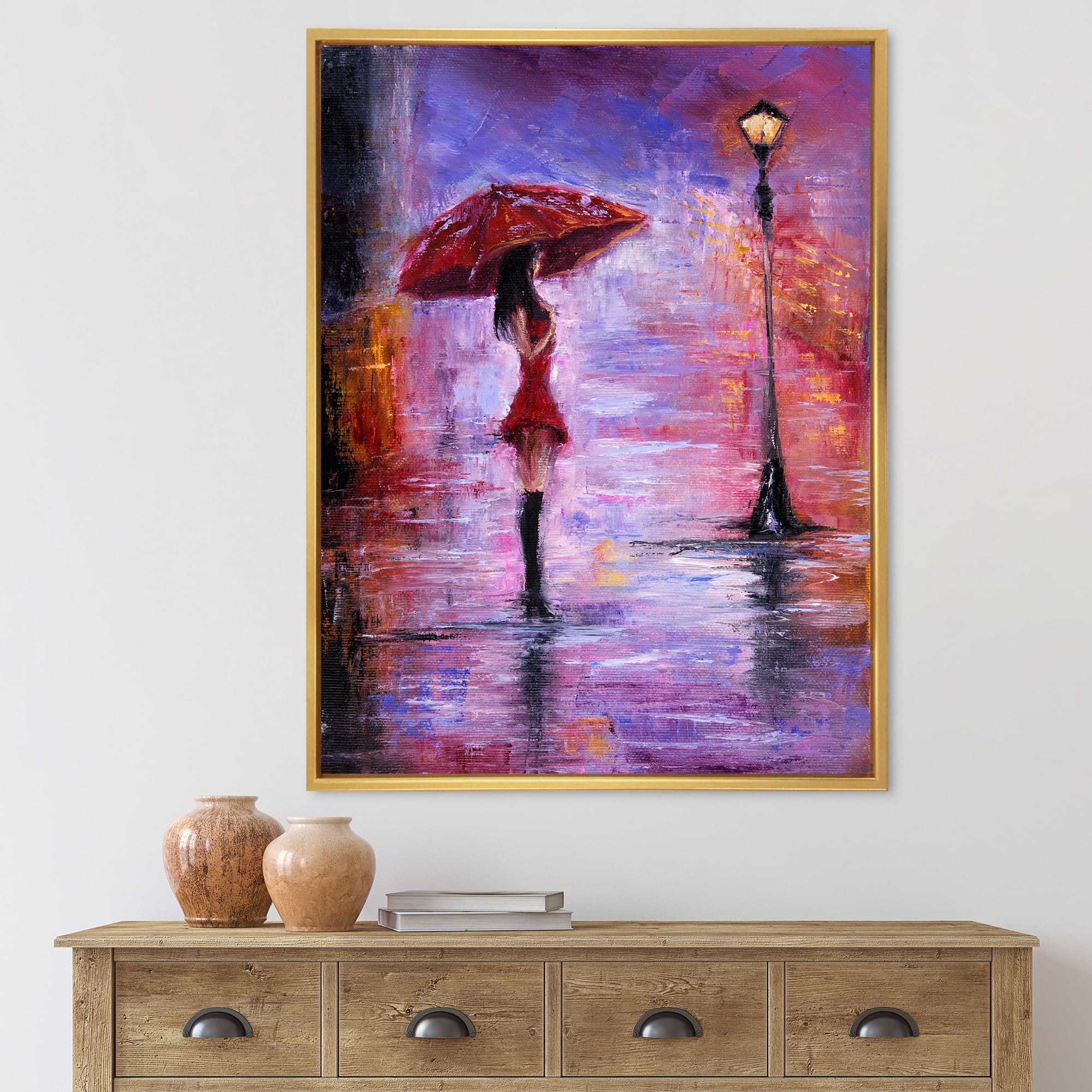 Designart 'The Girl With The Umbrella Walking In The Rain I' French Country Framed Canvas Wall Art Print