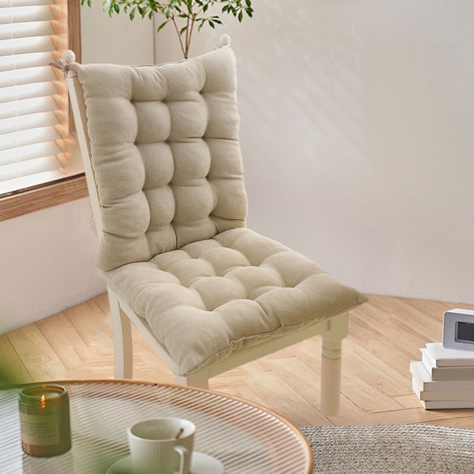 EazyTech One-Piece High Back Rocking Chair Cushion with Ties Tufted Seat Cushion for Outdoor Indoor Home Office Dining garden Patio Furniture Recliner Cushion Non-Slip Beige